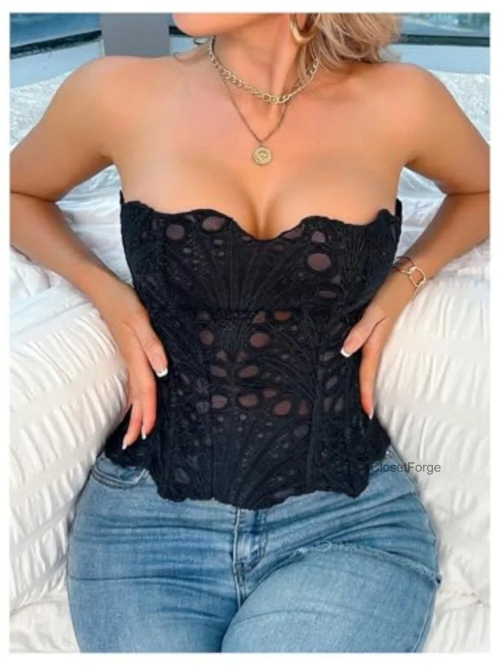 Sheer Floral Lace Hollow Out Cropped Camisole Top Strapless Corset Bustier
